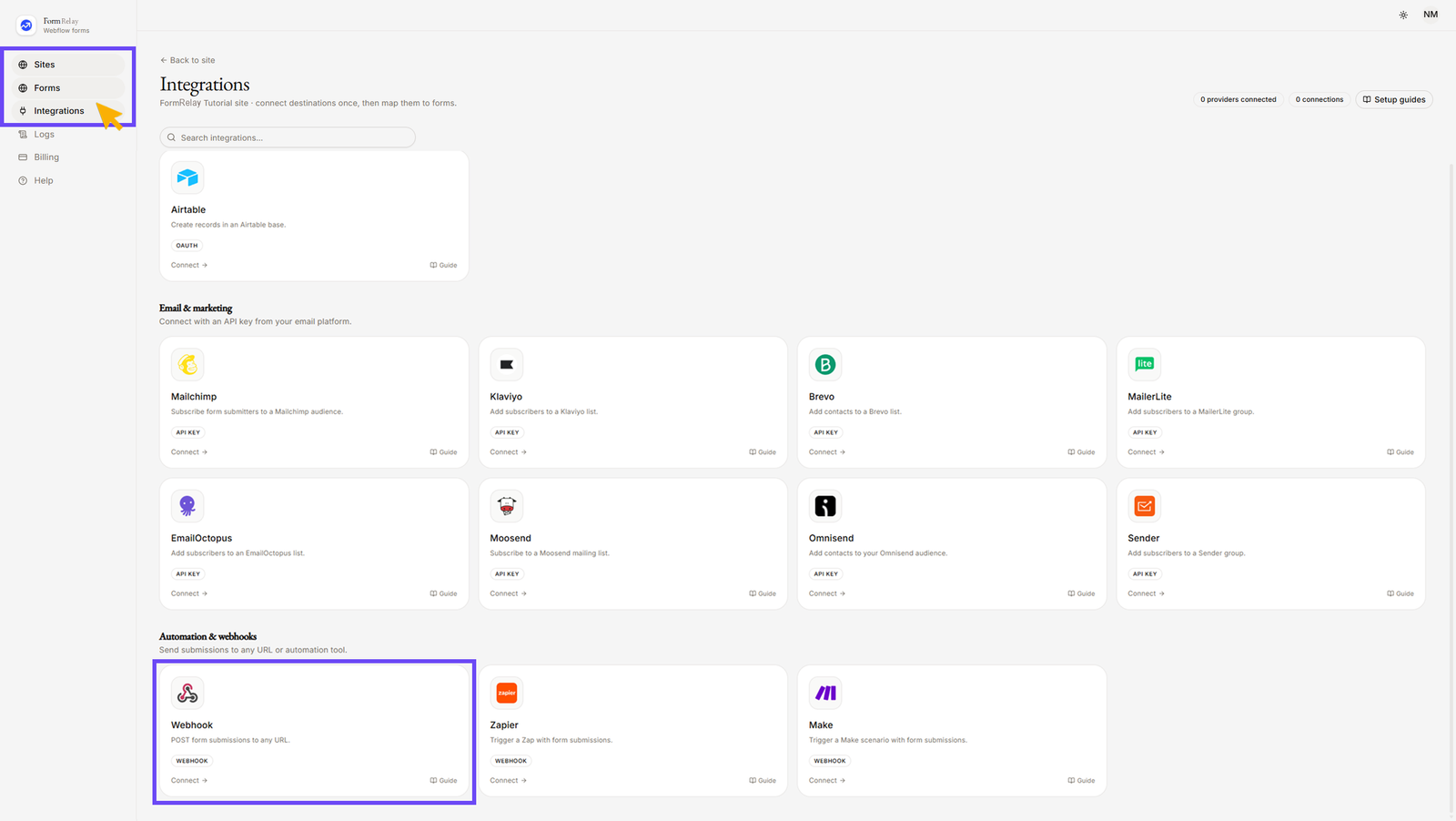 On Integration menu selecting Webhook