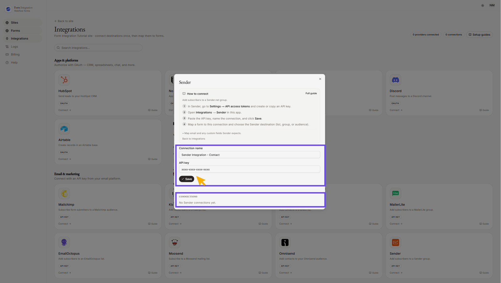 Integration Sender popup window