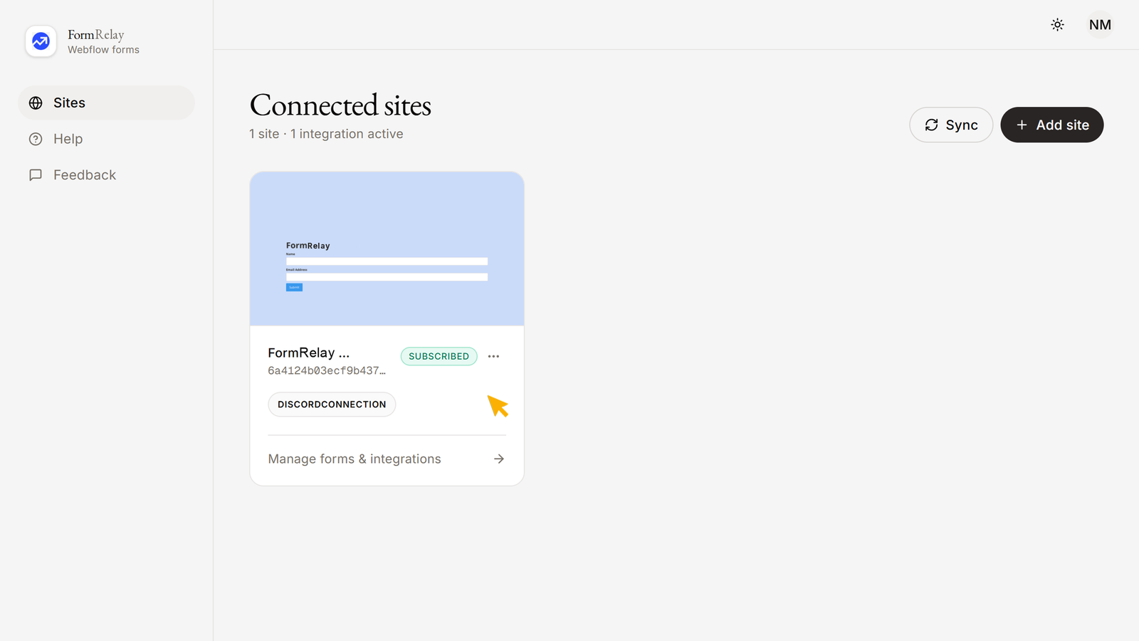 Selecting Site in App Dashboard