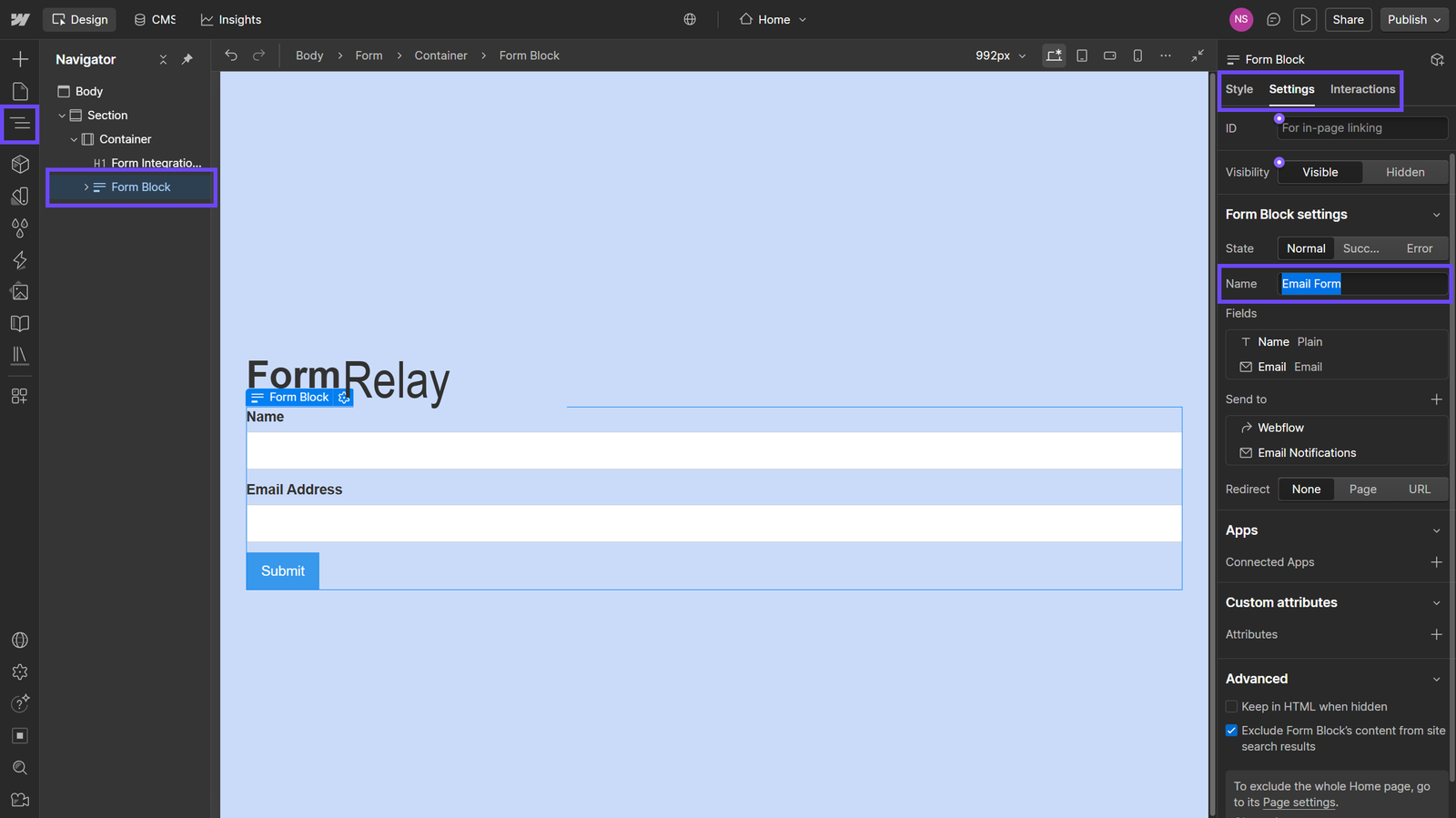 Webflow Designer showing how to change the name of a Form